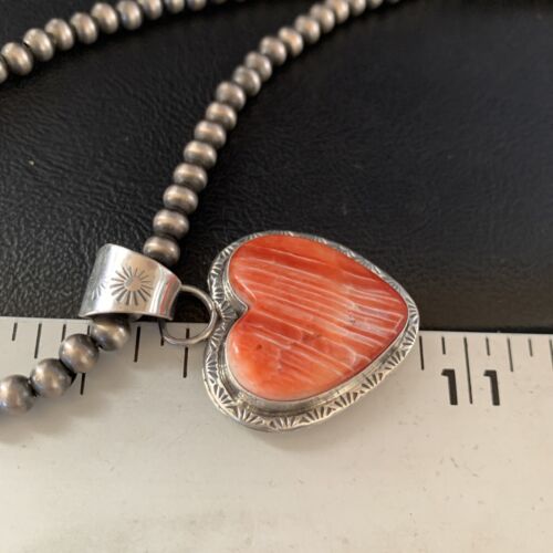 Navajo Red Heart Spiny Oyster Pendant Necklace | Sterling Silver | Authentic Native American Handmade | 13951