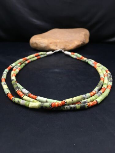 Navajo Green Serpentine & Spiny Oyster Necklace | 3 Strand | Sterling Silver | Authentic Native American Handmade | 4095