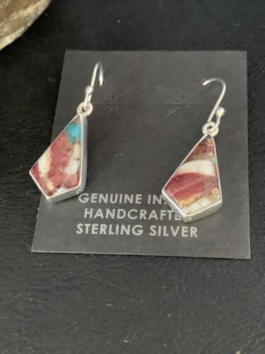 Navajo Purple Spiny Oyster Turquoise Dangle Earrings | Sterling Silver | Authentic Native American Handmade | 14082