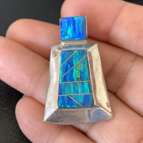 Authentic Native American Navajo Sterling Silver Blue Opal Inlay Pendant | Handmade Jewelry | 13339