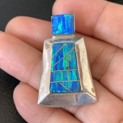 Authentic Native American Navajo Sterling Silver Blue Opal Inlay Pendant | Handmade Jewelry | 13339