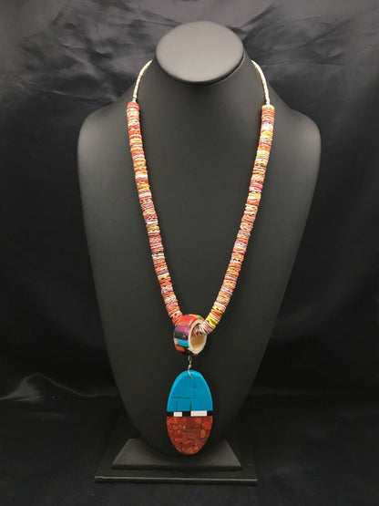 Authentic Native American Santo Domingo Multi-Color Spiny Sterling Silver Necklace with Inlay Pendant | 24" | 2915