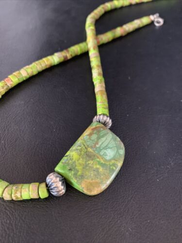 Navajo Green Gaspeite Turquoise Pendant | Sterling Silver | Authentic Native American Handmade | 13917