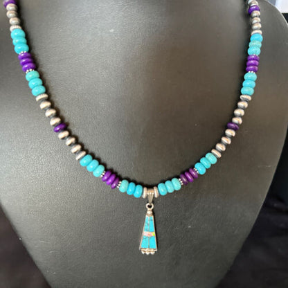 Navajo Blue Turquoise Sugilite Necklace Pendant | Sterling Silver Inlay | Authentic Native American Handmade | 14643