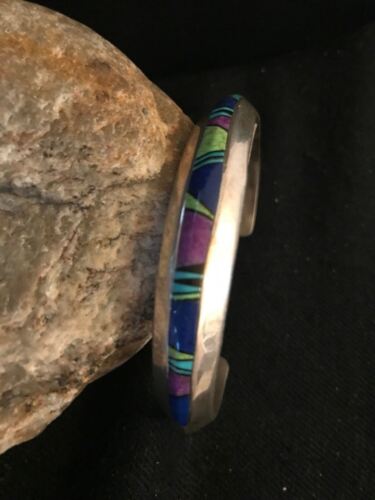 Men's Navajo Sterling Silver Inlay Bracelet | Turquoise Sugilite Lapis | Authentic Native American Handmade | 11703
