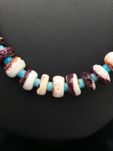 Navajo Purple Spiny Oyster & Turquoise Bead Necklace | Sterling Silver | Authentic Native American Handmade | 22" | 2617