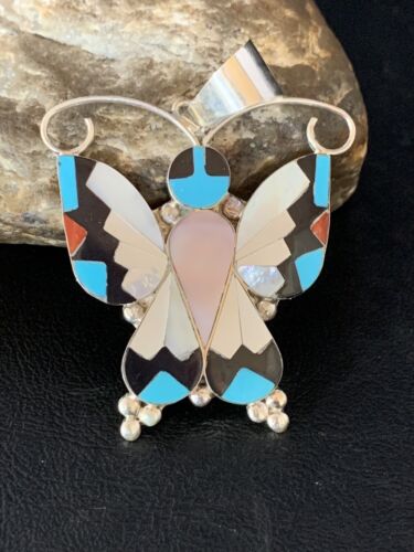 Zuni Butterfly Pendant Necklace | Turquoise Mother of Pearl Onyx Inlay | Sterling Silver | 13684