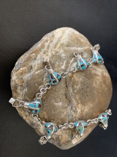 Navajo Blue Turquoise Lapis Inlay Link Bracelet | Sterling Silver | 7" | Authentic Native American Handmade | 12925