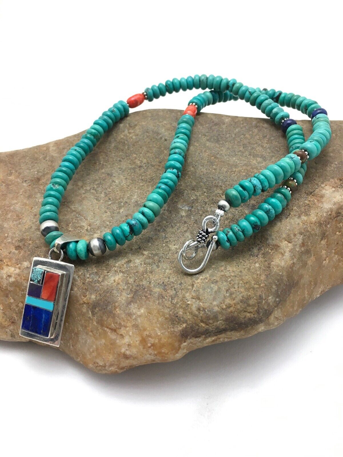 Navajo Turquoise & Lapis Inlay Pendant Necklace | Sterling Silver | 19" | Authentic Native American Handmade | 4077
