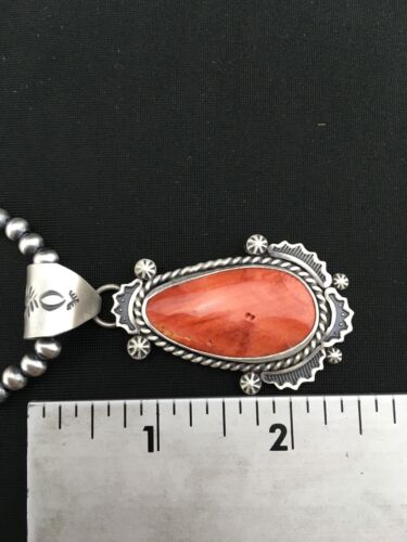 Navajo Orange Spiny Oyster Pendant | Sterling Silver Pearls | Authentic Native American Handmade | 1296
