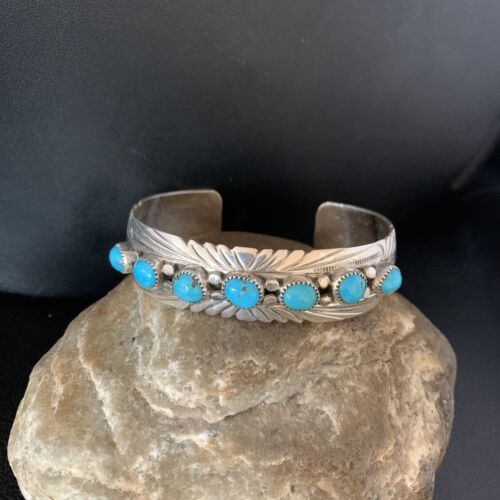 Navajo Blue Kingman Turquoise Cuff Bracelet | Sterling Silver | 7 Stone | Authentic Native American Handmade | 14212