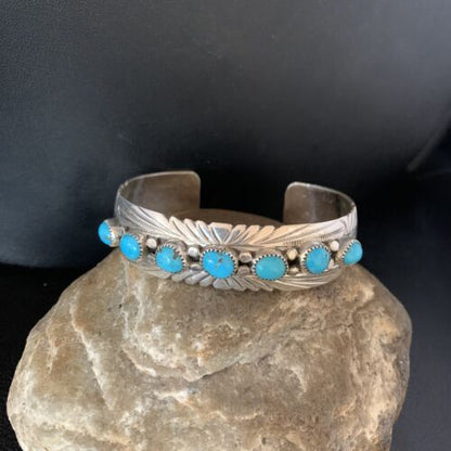 Navajo Blue Kingman Turquoise Cuff Bracelet | Sterling Silver | 7 Stone | Authentic Native American Handmade | 14212