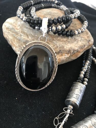 Navajo Pearls Black Onyx Pendant Necklace | Sterling Silver | 3 Strand| 23" | 8143