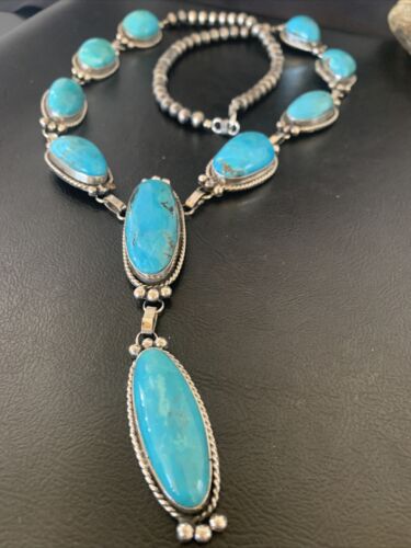 Navajo Kingman Turquoise Lariat Necklace | Sterling Silver | Authentic Native American Handmade | 11571