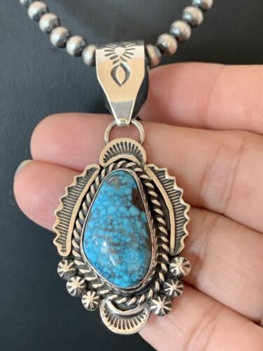 Navajo Spiderweb Kingman Turquoise Pendant Necklace | Sterling Silver | Authentic Native American Handmade | 688