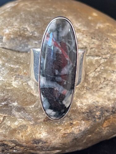 Native American Men's Cinnabrite Ring | Sterling Silver | White Black | Sz 7 | 1569