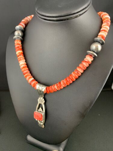 Navajo Red Spiny Oyster Pendant Necklace | Sterling Silver | Authentic Native American Handmade | 4782