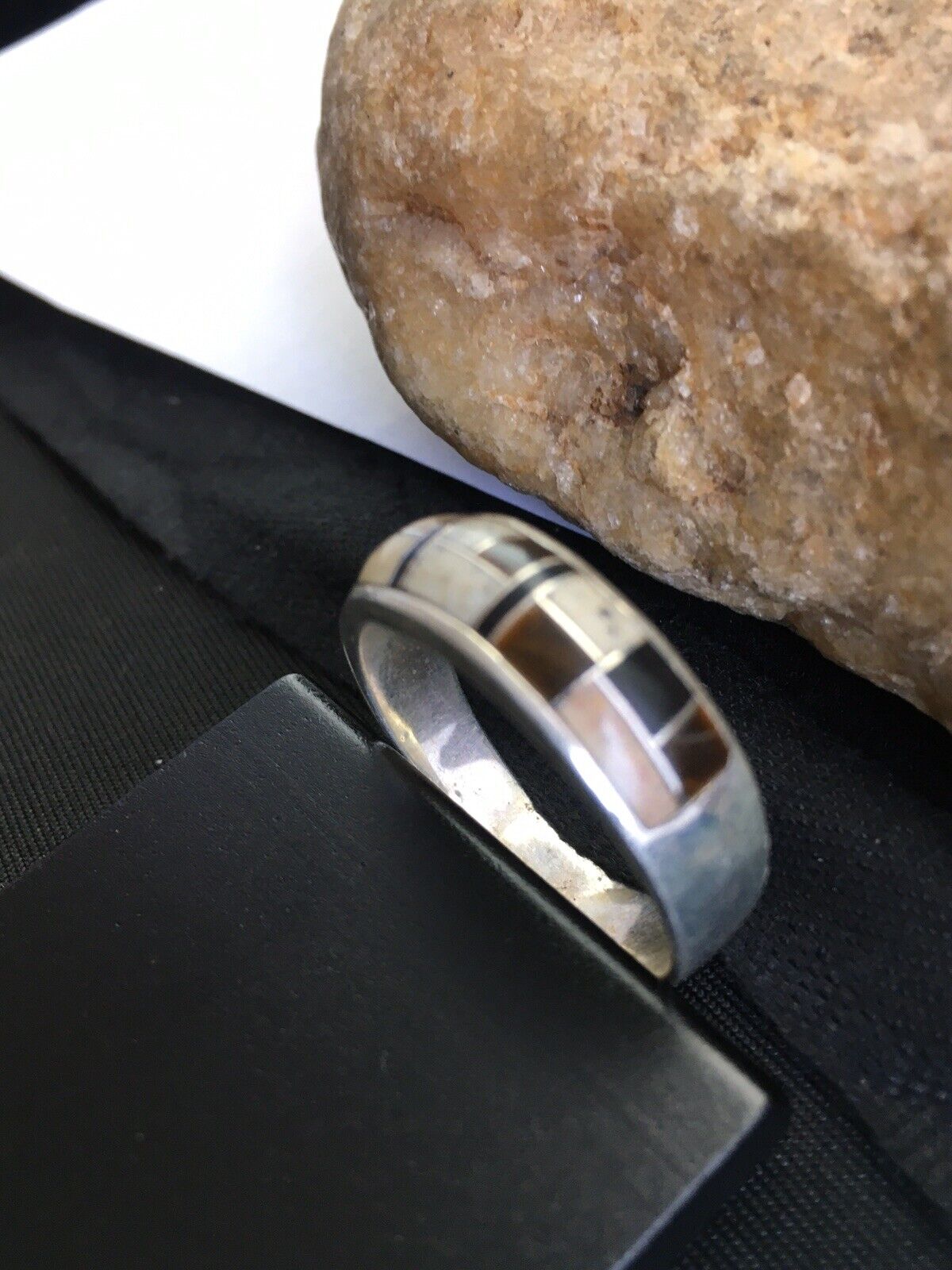 Navajo Sterling Silver Onyx, Coffee Tiger's Eye & Jasper Inlay Ring | Sz 14 | Authentic Native American Handmade | 1709