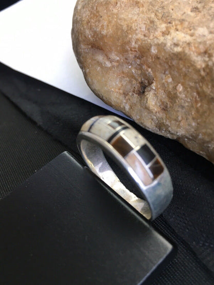 Navajo Sterling Silver Onyx, Coffee Tiger's Eye & Jasper Inlay Ring | Sz 14 | Authentic Native American Handmade | 1709