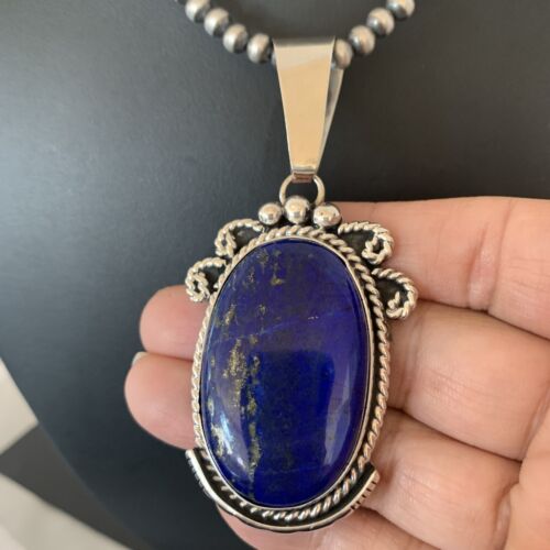 Native American Men's Navajo Pearls Necklace Pendant | Sterling Silver Blue Lapis | 1538