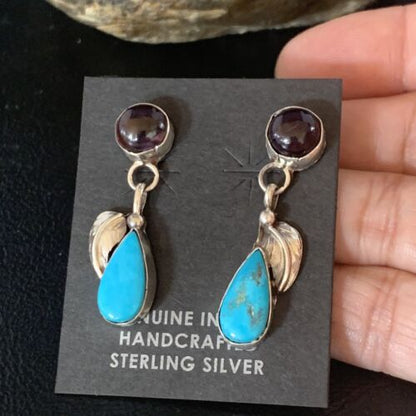 Navajo Sterling Silver Dangle Leaf Earrings | Purple Sugilite & Blue Turquoise | 13443