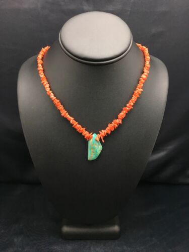 Native American Turquoise Coral Pendant Necklace | Brass Old Pawn | 19" | 4006