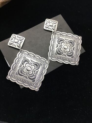 Handmade Sterling Silver Stamped Earrings | Navajo | Authentic Native American Jewelry | 2.75" | 01725 - Masha USA