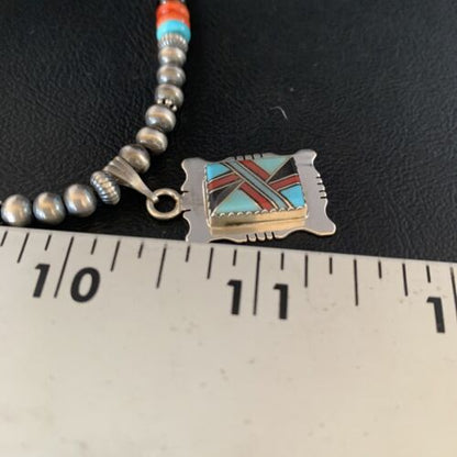 Navajo Multi-Color Turquoise Onyx Inlay Pendant Necklace | Sterling Silver | Authentic Native American Handmade | 13559