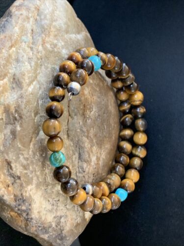 Stainless Steel Memory Wire Bracelet | Tiger's Eye & Turquoise | Southwestern Navajo Style | 1419