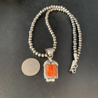 Navajo Red Spiny Oyster Square Pendant Necklace | Sterling Silver | Authentic Native American Handmade | 13636