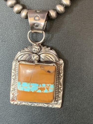 Men's Blue Boulder Turquoise Necklace Pendant | Sterling Silver | Navajo Handmade | 13767