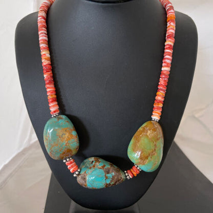 Chunky Turquoise and Red Spiny Oyster Necklace | Navajo Pearls | Sterling Silver | 22" | Native American Handmade | 1238 - Masha USA