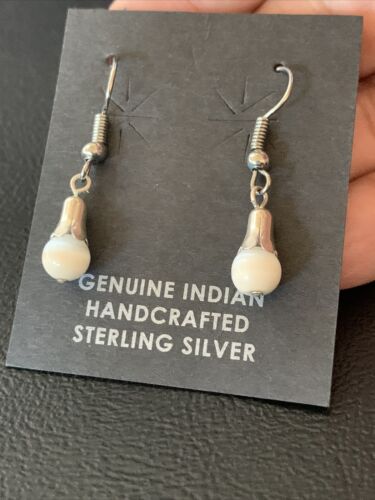 Navajo Sterling Silver White Moonstone Dangle Earrings | 0.50" | Authentic Native American Handmade | 13087 - Masha USA