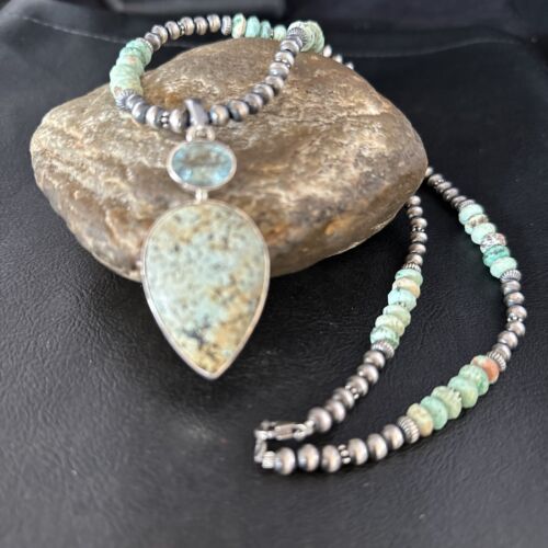 Navajo Green Turquoise Spiny Necklace with Naja Pendant | Authentic Native American Sterling Silver | Multi-Stone | 14234