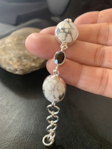 Native American Sterling Silver Smoky Quartz White Howlite Link Bracelet | 8" | 11656