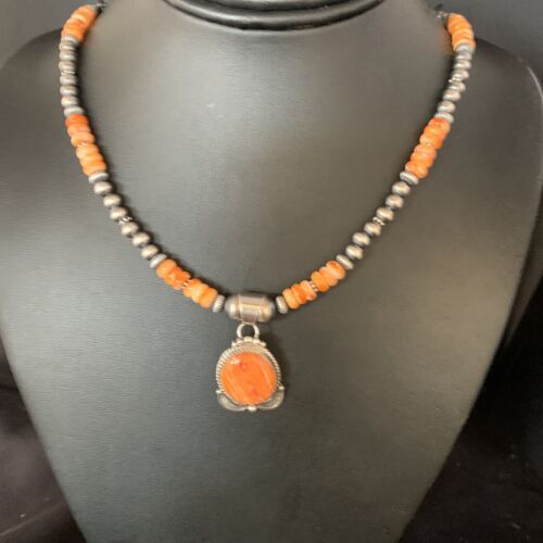 Navajo Orange Spiny Oyster Pendant Necklace | Sterling Silver | Authentic Native American Handmade | N 13650