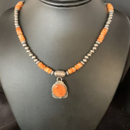 Navajo Orange Spiny Oyster Pendant Necklace | Sterling Silver | Authentic Native American Handmade | N 13650