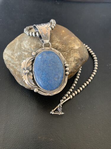 Navajo Denim Lapis Necklace with Pendant | Sterling Silver | Authentic Native American Handmade | 12443