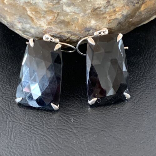 Navajo Black Faceted Quartz Dangle Earrings | Sterling Silver | 1" | Authentic Native American Handmade | 12087