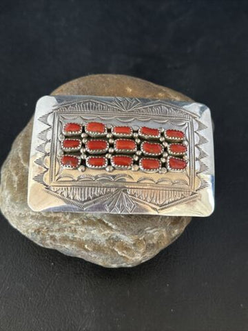 USA Stamped Navajo Red Coral Sterling Silver BELT Buckle Concho 14798