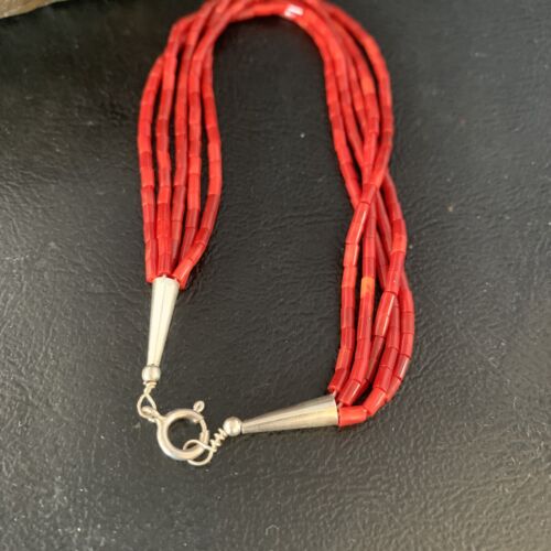 Handmade Liquid Silver 5-Strand Red Apple Coral Heishi Bracelet | Sterling Silver | 7.5" | 13610