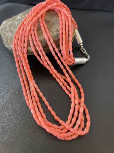 Navajo Pink Coral 5-Strand Necklace | Sterling Silver Barrel Beads | 22" | Authentic Native American | 10436