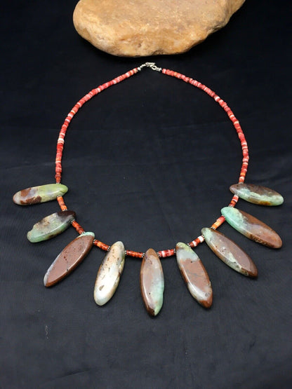 Navajo Green Chrysoprase & Spiny Oyster Necklace | Sterling Silver | 20" | Authentic Native American Handmade | 4284