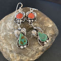 Navajo Green Royston Turquoise & Red Coral Dangle Earrings | Sterling Silver | Native American Handmade | 12553