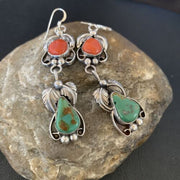 Navajo Green Royston Turquoise & Red Coral Dangle Earrings | Sterling Silver | Native American Handmade | 12553
