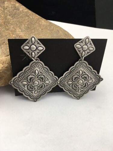 Authentic Native American Navajo Sterling Silver Stamped Earrings | 2.75" | SET01708 - Masha USA