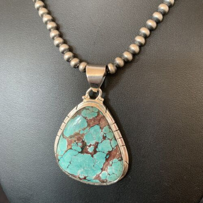 Men's Navajo Pearl Necklace with Blue Spiderweb Turquoise Pendant | Sterling Silver | 10543
