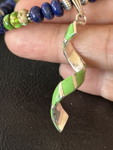 Navajo Green Turquoise Lapis Pendant Inlay Necklace | Sterling Silver | Authentic Native American Handmade | 14635