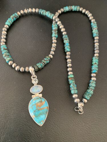 Navajo Pearls Necklace with Blue Mojave Turquoise Moon Pendant | Authentic Native American Sterling Silver | Multi-Stone | 11912