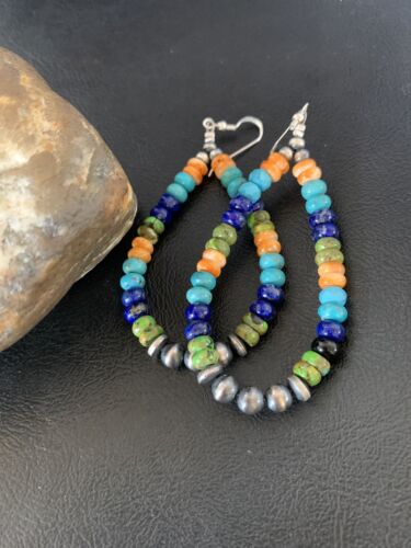 Navajo Multi-Color Lapis Spiny Turquoise Dangle Earrings | Sterling Silver | Authentic Native American Handmade | 12978